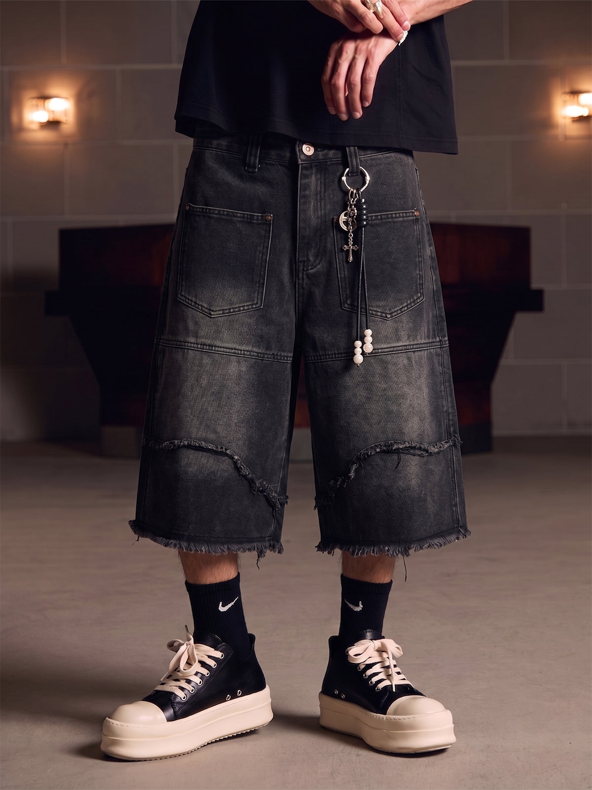 Frayed Layered Paneled Denim Jorts
