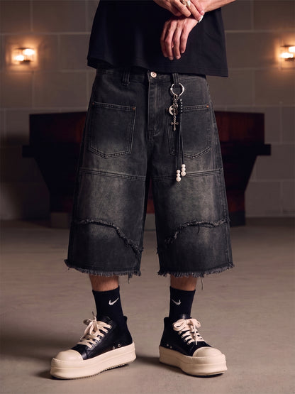 Frayed Layered Paneled Denim Jorts