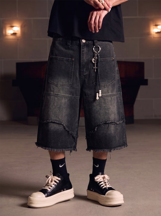 Frayed Layered Paneled Denim Jorts