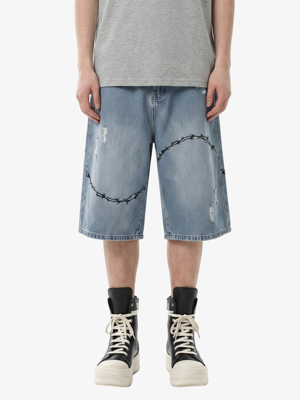 Vintage Barbed Wire Embroidery Distressed Washed Denim Jorts 