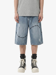 Vintage Barbed Wire Embroidery Distressed Washed Denim Jorts 