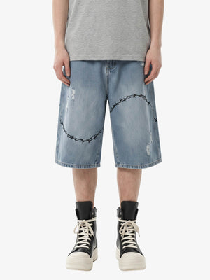 Vintage Barbed Wire Embroidery Distressed Washed Denim Jorts 