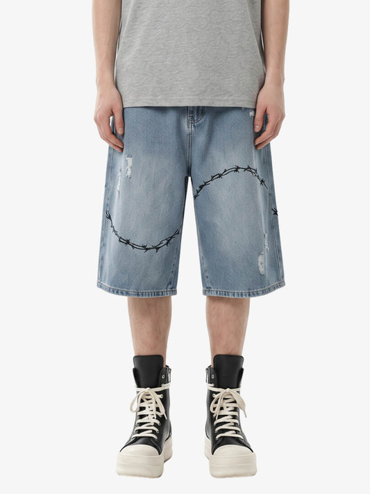 Vintage Barbed Wire Embroidery Distressed Washed Denim Jorts 