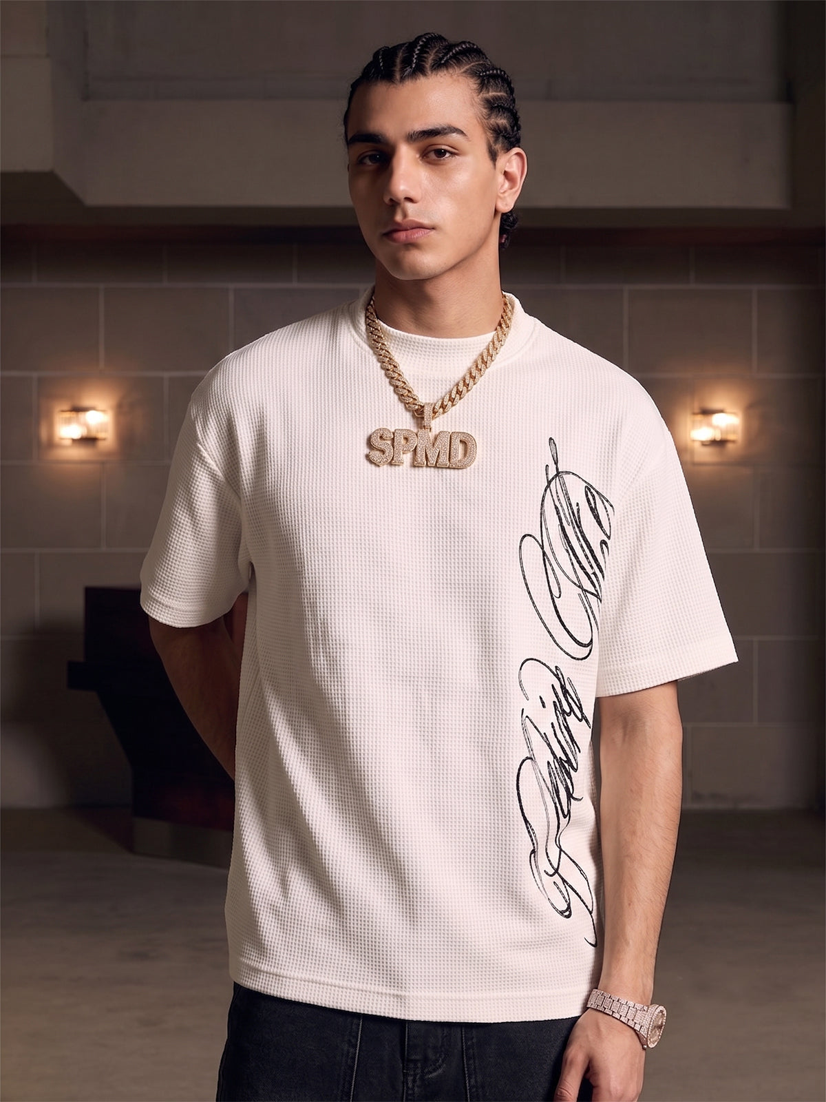 Side Script Waffle Knit T-Shirt