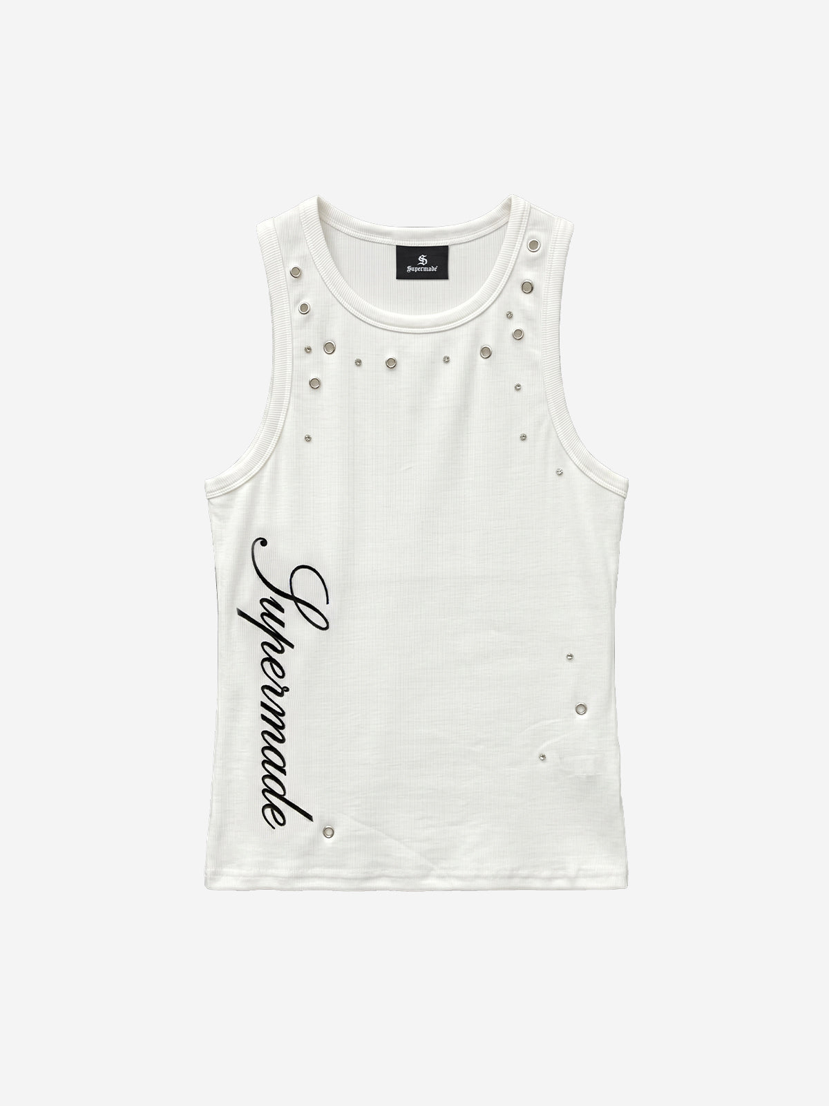 Stretch ribbed fabric punk y2k streetwear vest, adorned with metal buttonholes and letter embroidery.