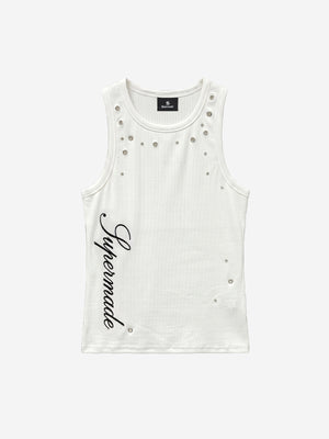 Stretch ribbed fabric punk y2k streetwear vest, adorned with metal buttonholes and letter embroidery.