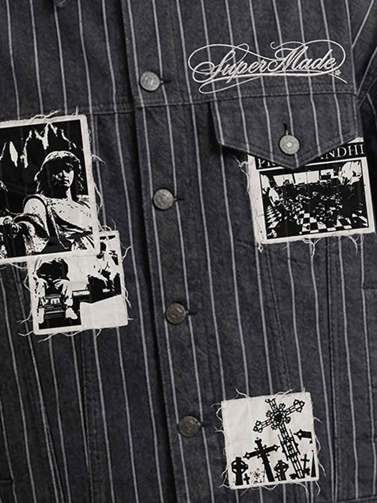 Vintage Pinstripe Patchwork Baggy Denim Set 