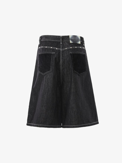 Vintage Contrast Stitch Wide Leg Denim Jorts 