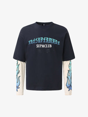 Gradient Letter Print Patchwork Faux Two-Piece Long-Sleeved T-Shirt 