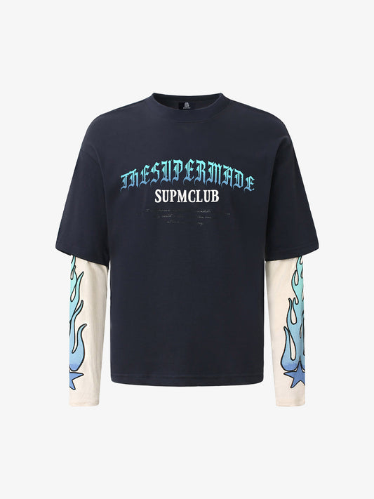 Gradient Letter Print Patchwork Faux Two-Piece Long-Sleeved T-Shirt 