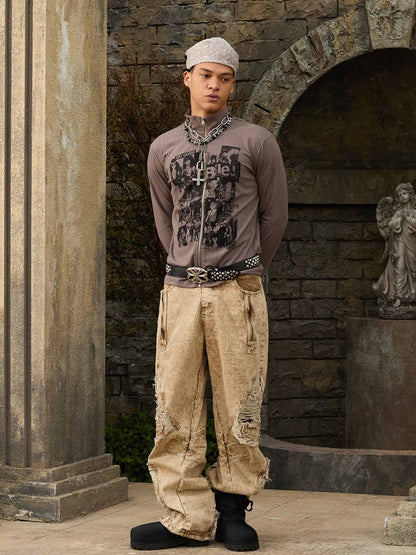 Distressed Denim Cargo Pants with Ripped Details and Patchwork Design for Men Women Fashion Streetwear 