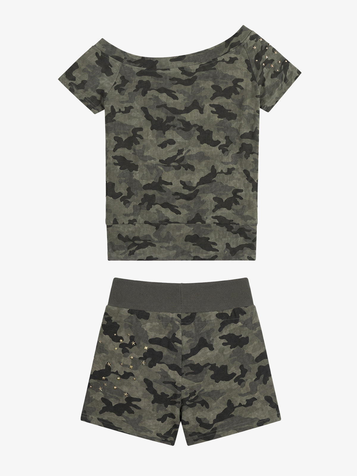 Camo Faux Fur Lounge Set – Gold Star Embellished Shorts & Tee Streetwear Set