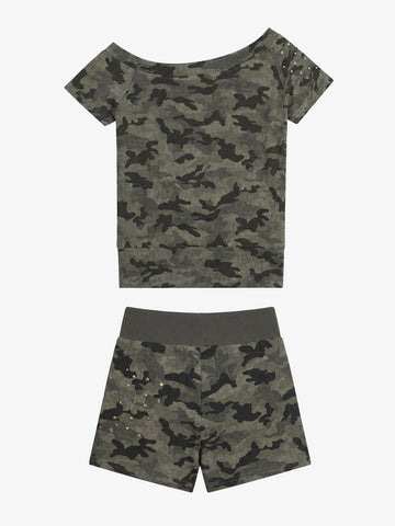 Camo Faux Fur Lounge Set – Gold Star Embellished Shorts & Tee Streetwear Set
