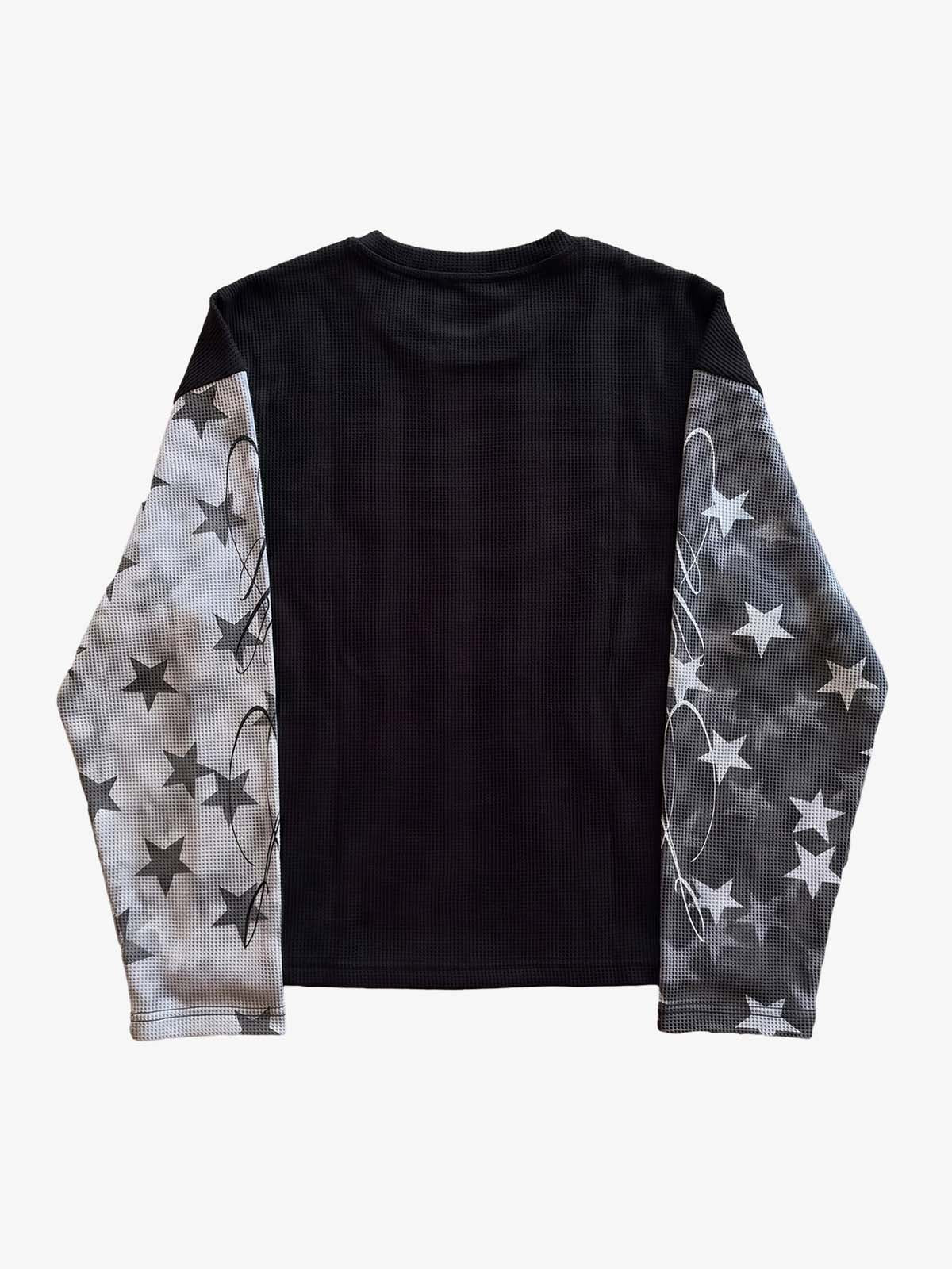 Camo Star Print Patchwork Waffle Boxy Long Sleeve Tee