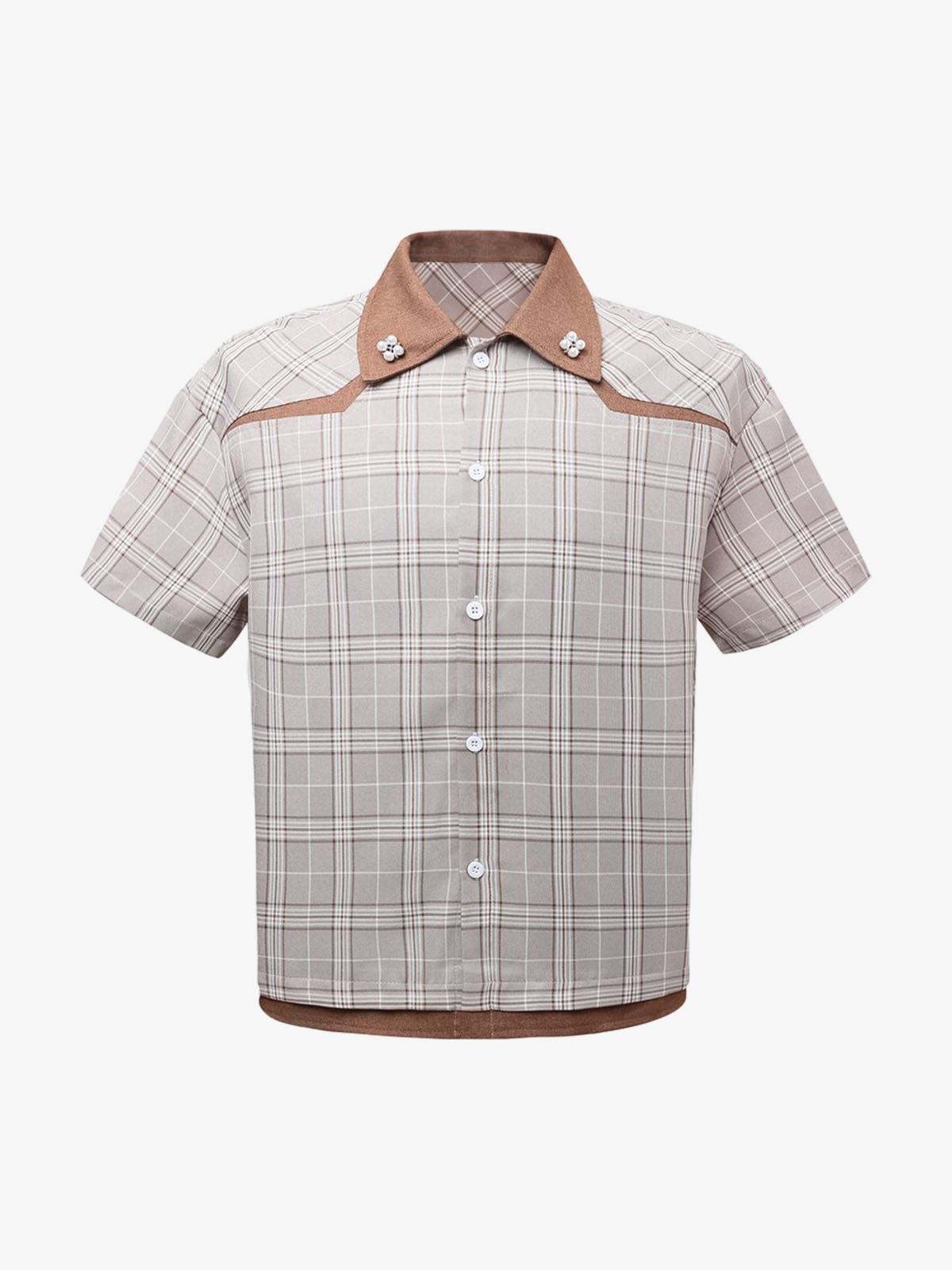 Faux Two-piece Pearl Button Plaid Short-sleeved Shirt 