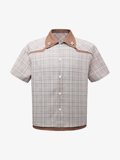 Faux Two-piece Pearl Button Plaid Short-sleeved Shirt 