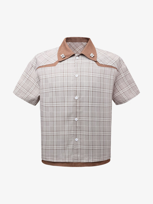 Faux Two-piece Pearl Button Plaid Short-sleeved Shirt 