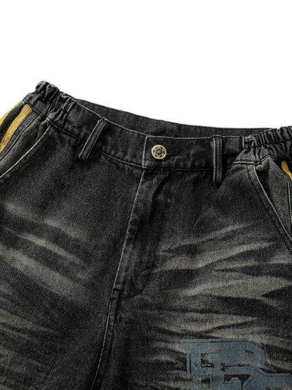 Distressed Striped Side Chain Patchwork Ripped Straight Jeans - 2391 