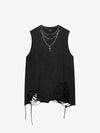 Cotton Ripped Sleeveless Tank Top with Frayed Hem and Cut-Out Details for Edgy Streetwear Style 