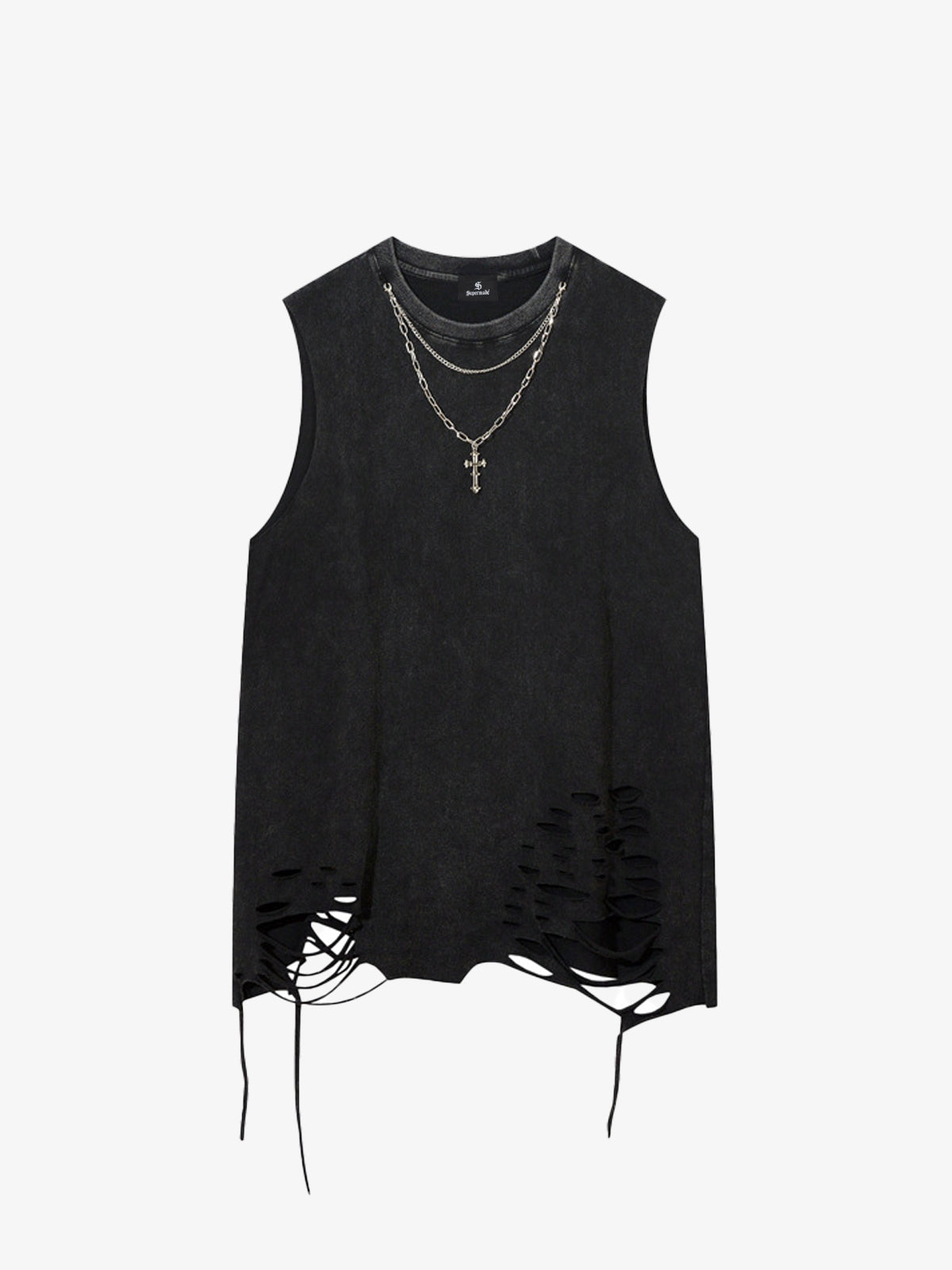 Cotton Ripped Sleeveless Tank Top with Frayed Hem and Cut-Out Details for Edgy Streetwear Style 