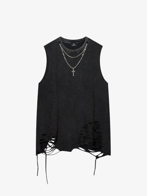 Cotton Ripped Sleeveless Tank Top with Frayed Hem and Cut-Out Details for Edgy Streetwear Style 