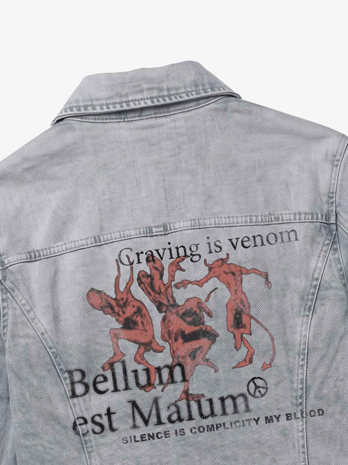 Devil Graphic Studded Heavyweight Biker Denim Jacket