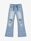 Double-Zip Paneled Distressed Bootcut Jeans