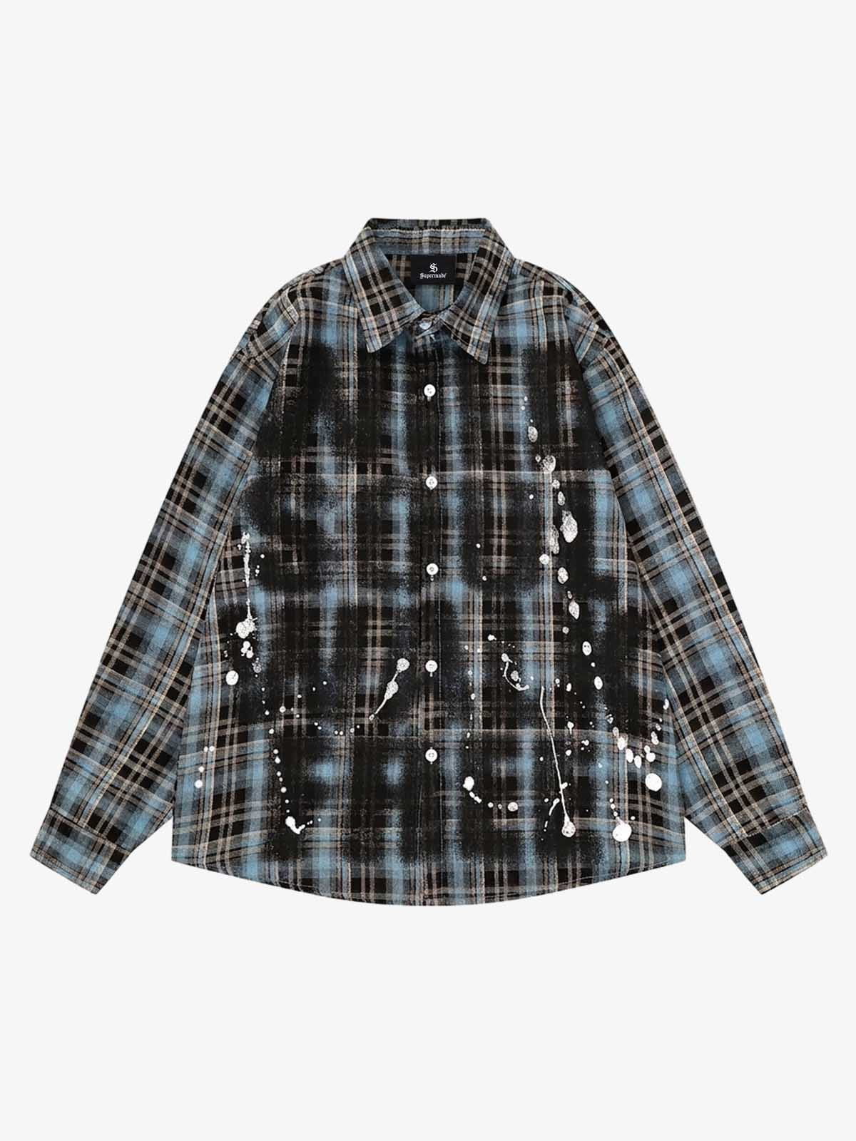 Plaid Splattered Graffiti Long Sleeve Shirt
