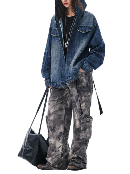Retro Washed Workwear Denim Hooded Jacket 