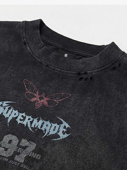 thesupermade-Unisex Loose Distressed Digital Wash Retro Street Print Short-Sleeve T-Shirt 