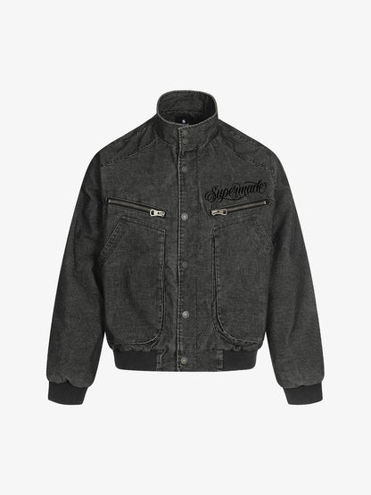 Embroidered Distressed Cropped Denim Biker Jacket