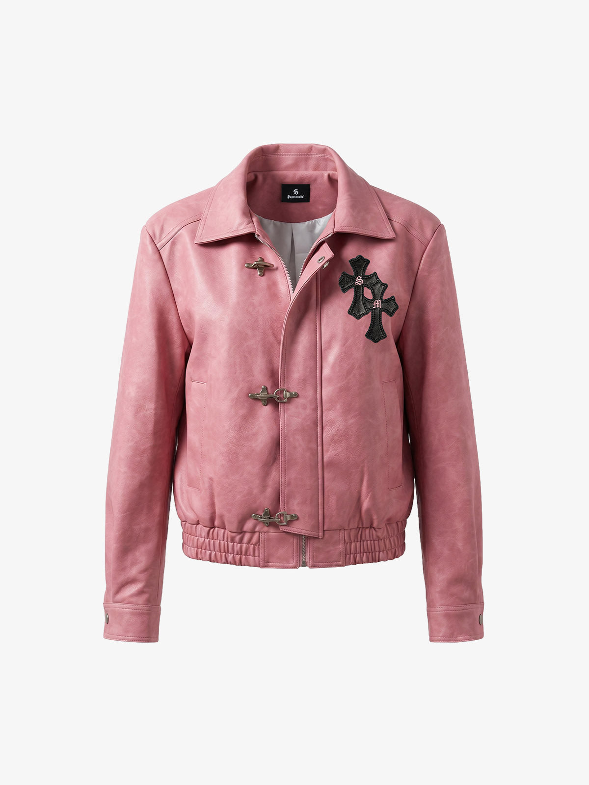 Cross Embroidered Color Block Cropped Biker Jacket