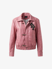 Cross Embroidered Color Block Cropped Biker Jacket