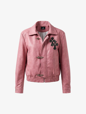 Cross Embroidered Color Block Cropped Biker Jacket