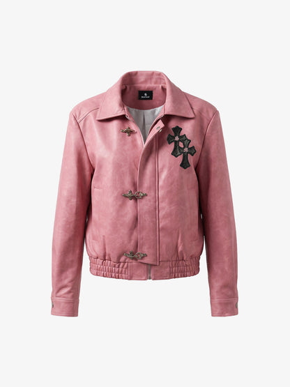 Cross Embroidered Color Block Cropped Biker Jacket