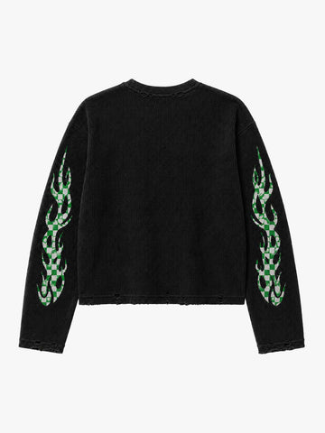 Checkerboard Flame Graphic Distressed Waffle Long Sleeve Tee