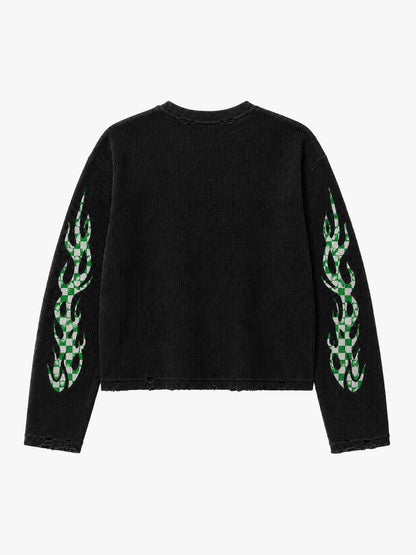 Checkerboard Flame Graphic Distressed Waffle Long Sleeve Tee