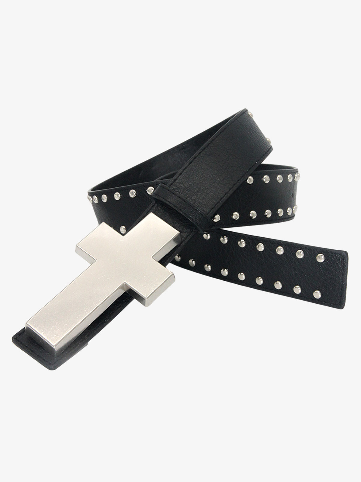 Cross Buckle Studded Black Leather Belt 