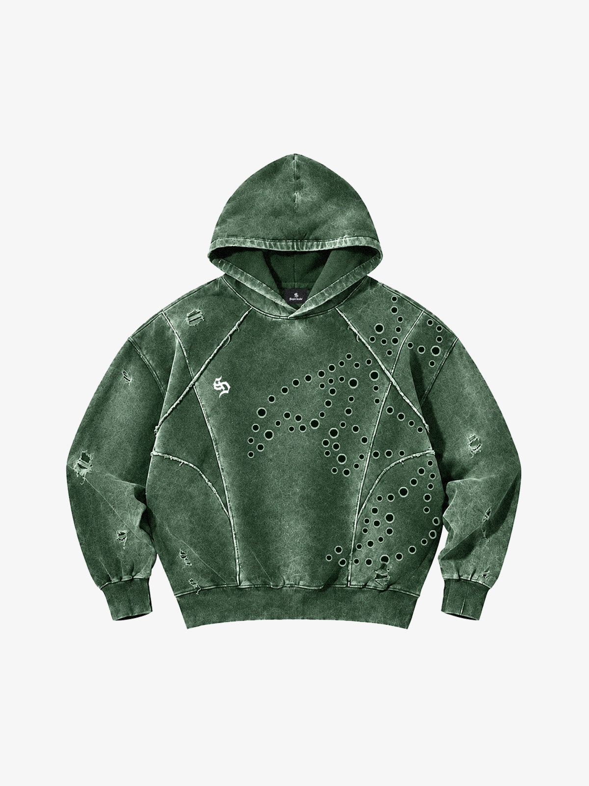 Washed Eyelet Distressed Hoodie & Curved-Leg Sweatpants Set