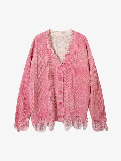 Cable Knit Cardigan Damaged Dirty Dyed Sweater 