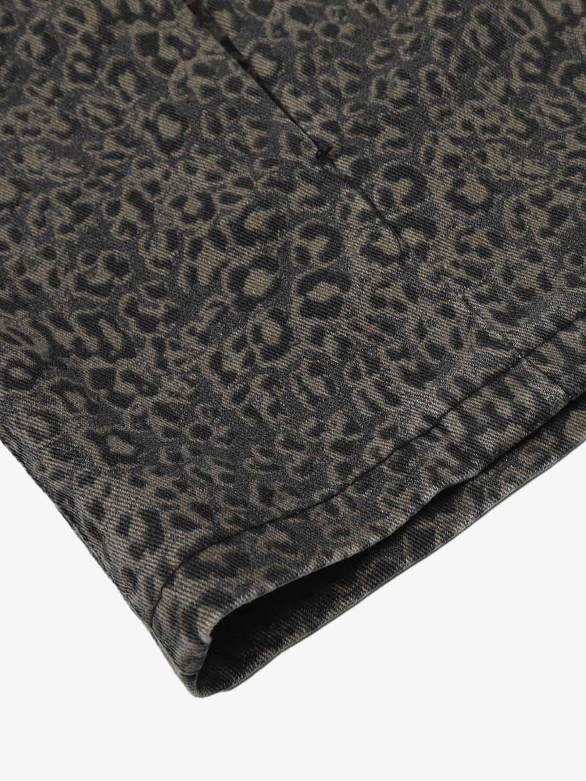 Cotton Leopard Print High-Waisted Wide-Leg Pants with Pleated Design and Decorative Tassel 