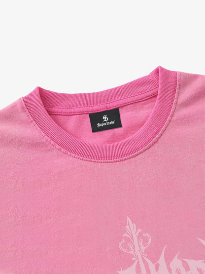 Thesupermade-Unisex Loose-fit Gradient Pink And Black Street Punk T-shirt With Gothic Pattern Print, Suitable For Street 