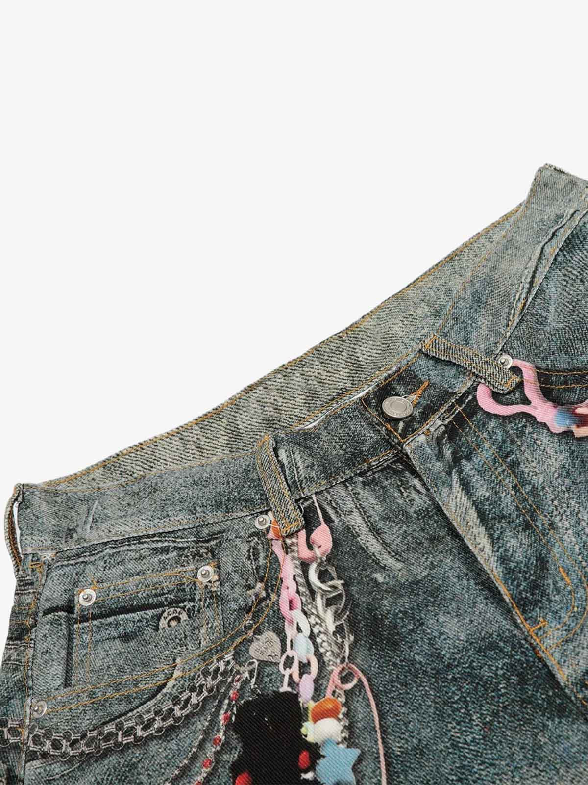 Vintage Printed Washed Denim Shorts 