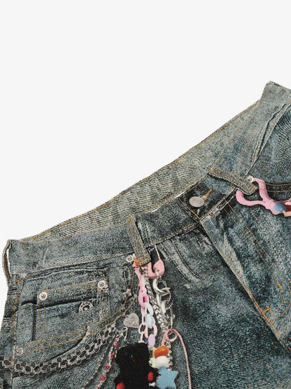 Vintage Printed Washed Denim Shorts 