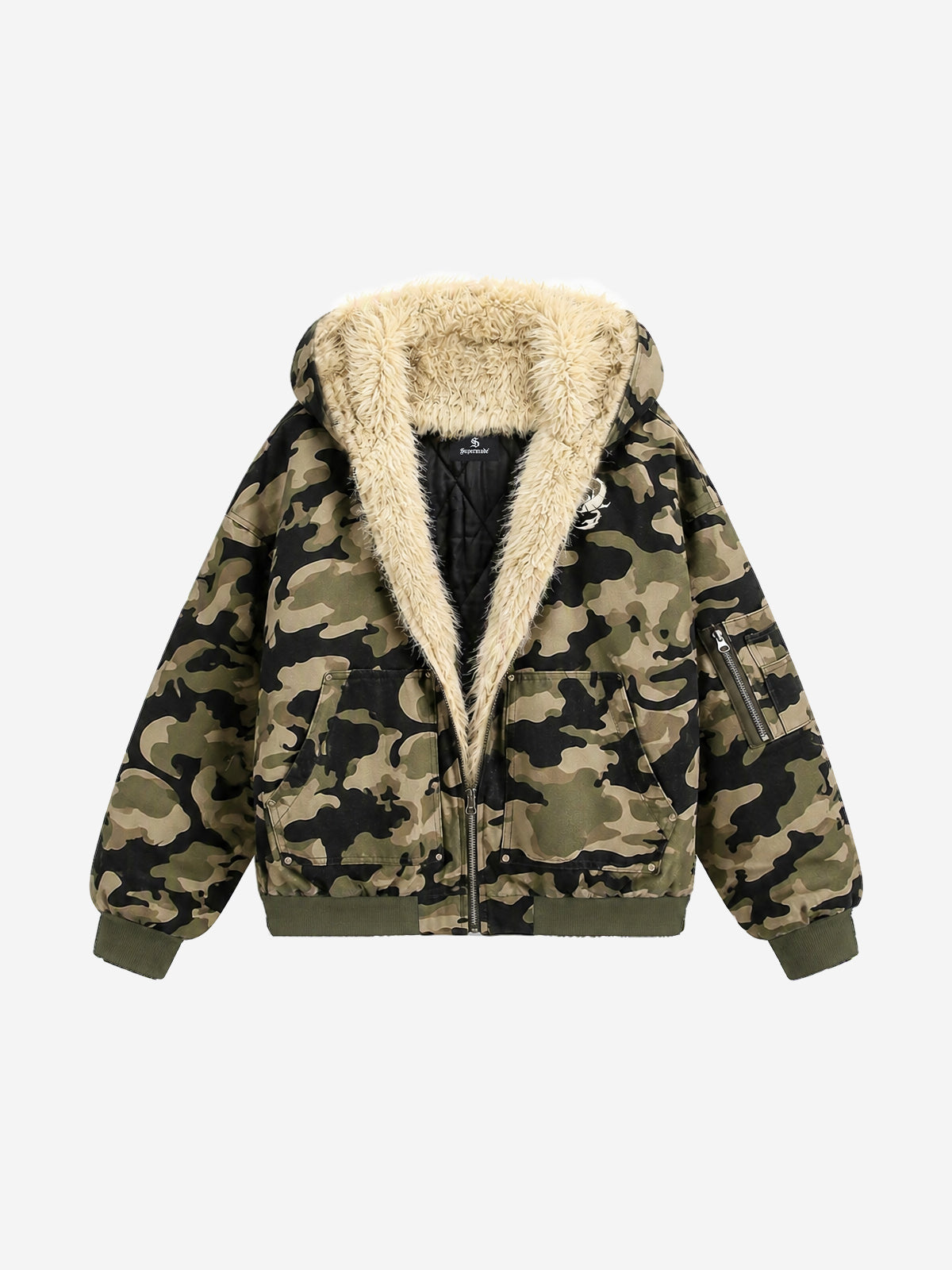 Camo Faux-Fur Trim Bomber Coat