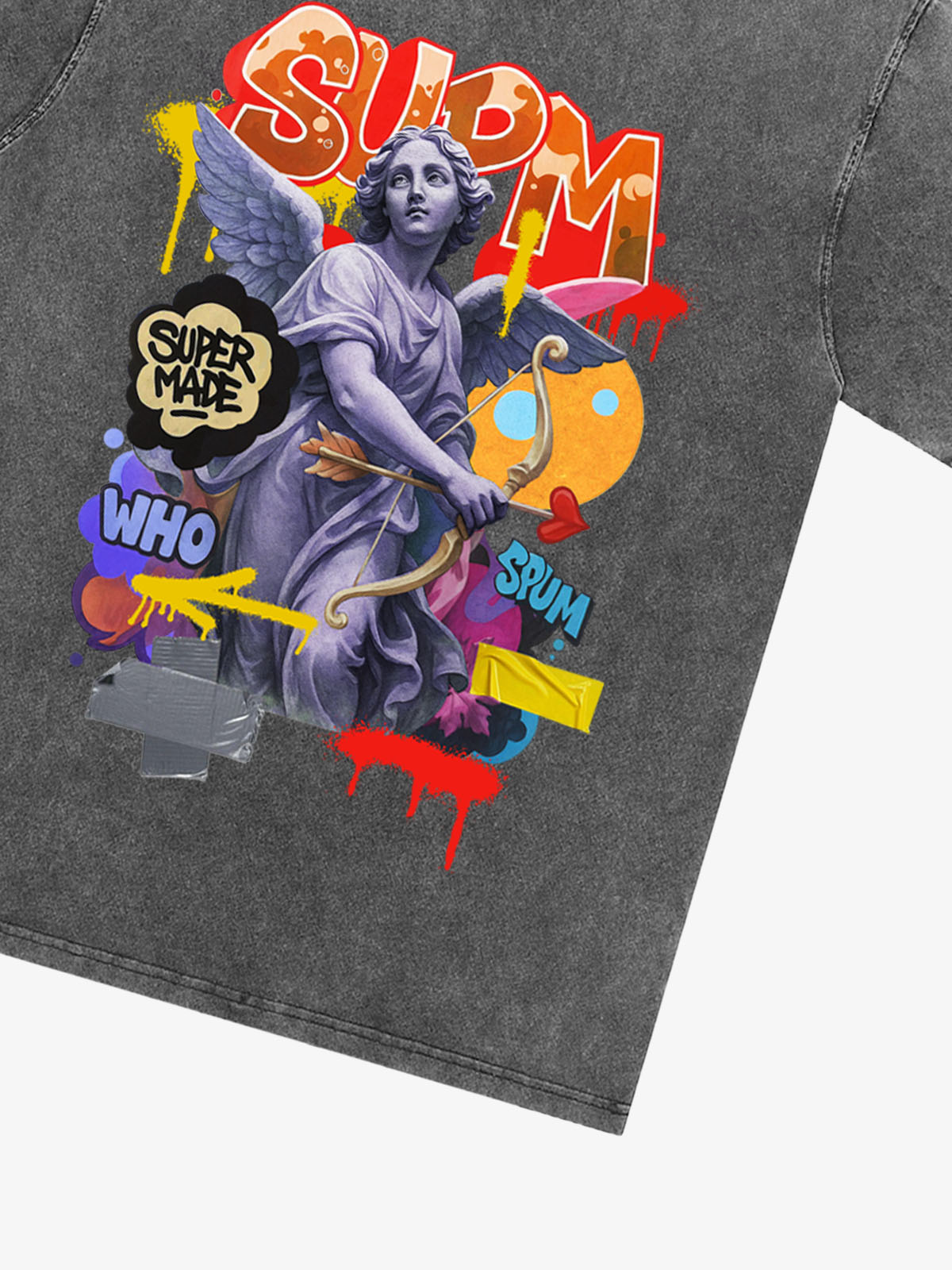 Angel statue and street graffiti mixed pattern T-shirt 