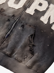 Embroidered Ripped Washed Distressed Zip Hoodie