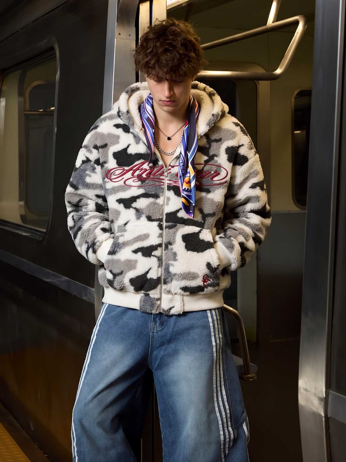 Letter Embroidered Camo Sherpa-Fleece Hooded Padded Jacket