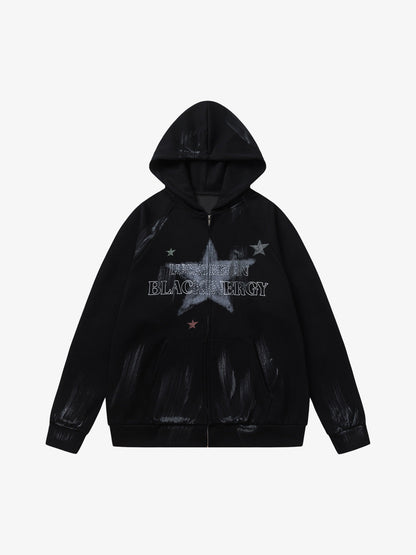 Retro Wasteland Star-Print Brush Ink Print Cardigan Hoodie 