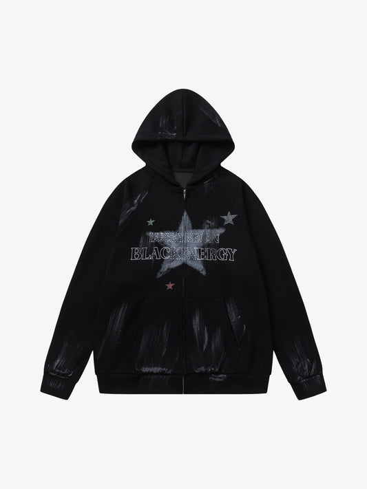Retro Wasteland Star-Print Brush Ink Print Cardigan Hoodie 